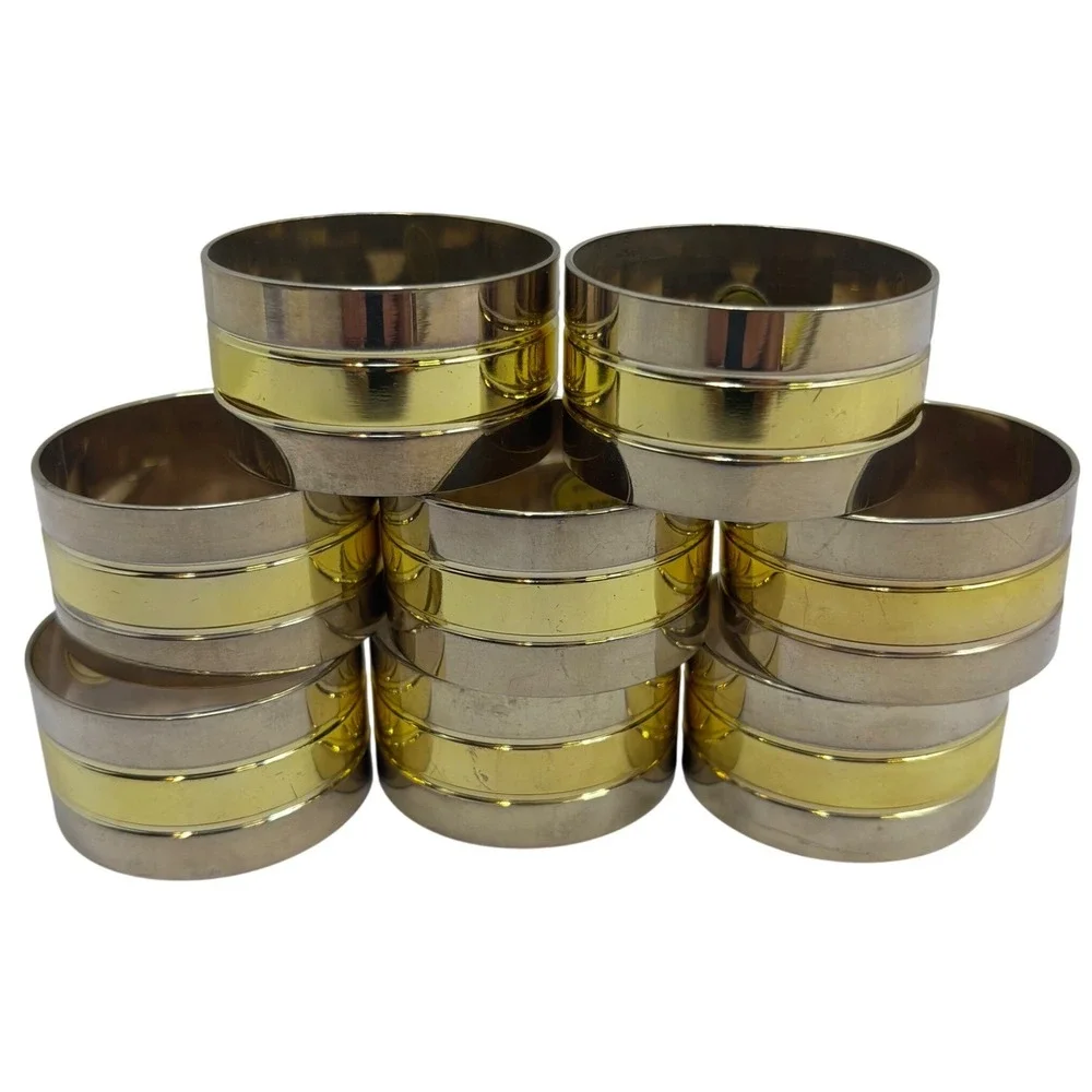Set of 8 Two Tone Silver and Gold Metal Napkin Rings Modern Table Decor